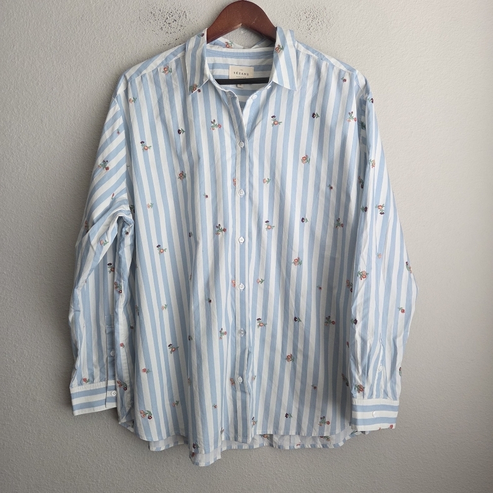 Sezane Maxy Shirt in Flowers on Blue Stripes size 44 - Picture 5 of 10